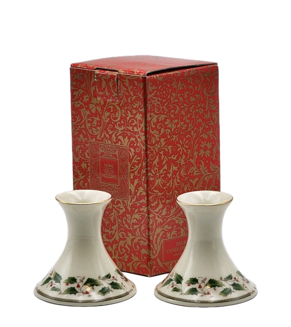 Royal Limited Holly Holiday Pair 4" Candle Holders Porcelain Gold Trim in Box